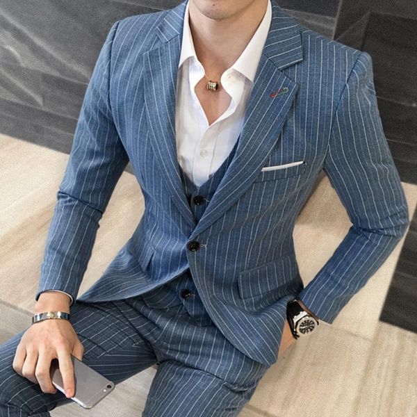 Erkekler Suits Blazers Plyesxale 3 Parça Stripe Erkekler Tasarımcı Sıradan Adam Takım İnce Fit Damat Düğün Gökyüzü Mavisi Khaki Gri Bükülmüş 5xl Q347