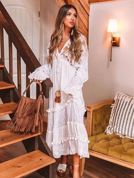 Freizeitkleider Jastie Bohemian Vintage Besticktes Kleid V-Ausschnitt Langarm Sexy Robe Blumendruck Maxi Für Frauen 2023 Frühling Herbst