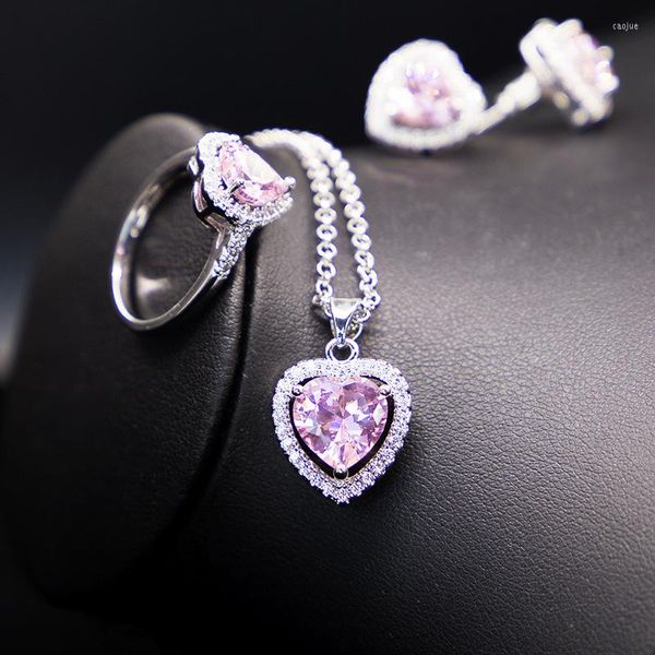 Collana orecchini set anno micro-intarsiato zircone rosa a forma di cuore orecchino braccialetto gioielli vestito qualità