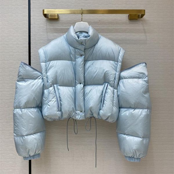 Casacos 2021 inverno feminino designer branco ganso para baixo puffer jaqueta gola manga destacável curto bolha casacos preto luz azul