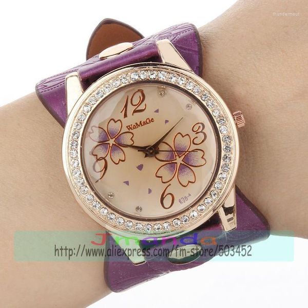 Orologi da polso 100 pz/lotto WOMAGE-628-4 Cinturino grande Fiore di cristallo Orologio Casual Abito in pelle avvolgente al quarzo 2 colori