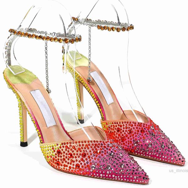 Scarpe eleganti 2022 Estate Donna Tacco alto Catene con strass Sandali con cinturino alla caviglia Sexy Scarpe da sera da sera con punta a punta in cristallo 34-CHC-26