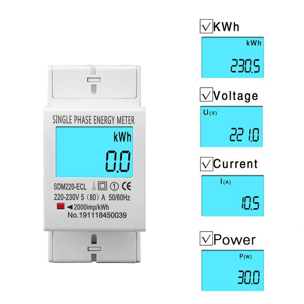 Энергетические счетчики 80A DIN RAIL ОДИН ФАЗА Два провода ЖК -дисплей Цифровой дисплей энергопотребление Электрический счетчик KWH AC 220V 230 В 50 Гц/60 Гц 230428