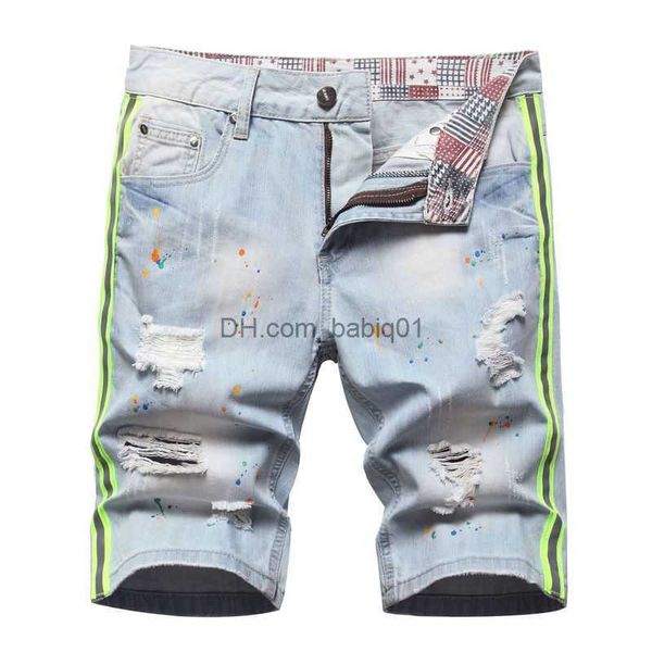 Herren-Shorts Herren-Löcher Denim-Shorts Hellblaue Jeans-Shorts Gute Qualität Male Straight Knielange Jeans Painted Street Wear Denim-Shorts 42 T230502