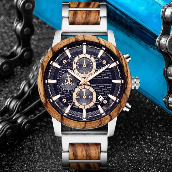 Relógios de pulso light wood Wood Combined Strap Watches Mens Multifuncional Cronógrafo Quartzo Cálculo Relógio exclusivo de madeira de madeira Male