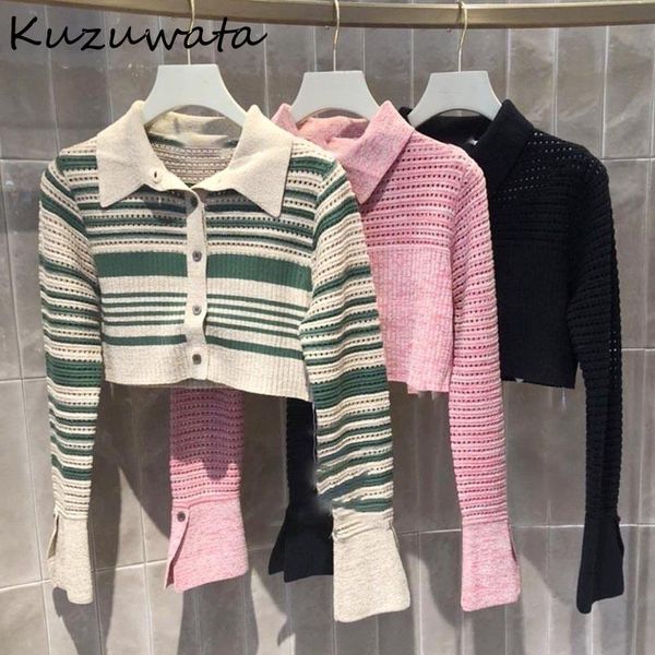 Maglioni Kuzuwata Maglioni a maniche lunghe con risvolto Top Cardigan corti a righe Monopetto Sueters De Mujer Scava fuori Nuovi Pull Femme