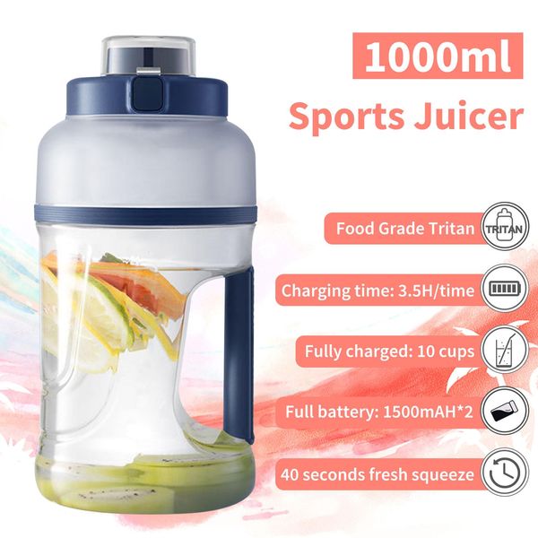 Processadores 1000ml Portátil Liquidificador Juicer Copo Sem Fio Recarregável Tamanho Pessoal Garrafa de Liquidificador para Shakes e Smoothies Maker Fruit Mixer