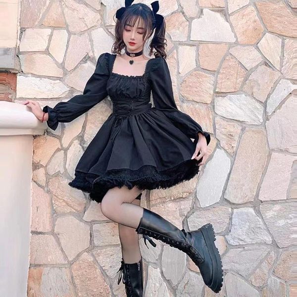 Lässige Kleider HeeneBerry Lange Ärmel Lolita Schwarzes Kleid Puffärmel Hohe Taille Vintage Bandage Spitzenbesatz Party Gothic Kleidung Frau