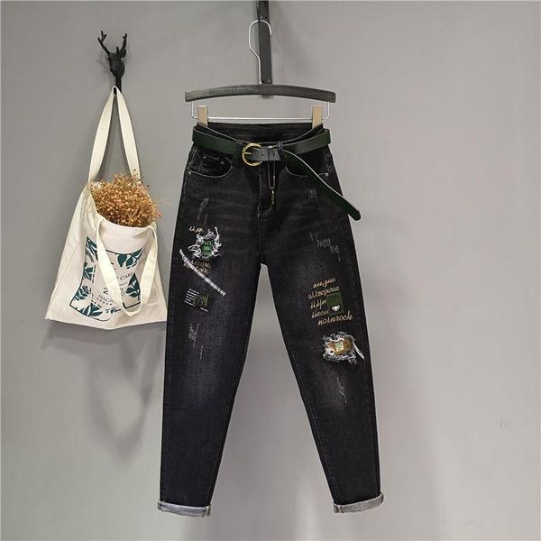 Jeans stilvolle Baumwolle Denim Casual Harem Jeans Hose Frühlingspant mit Taschen Elegante Mittel Taille gerade Stickwaren Streetwear M457