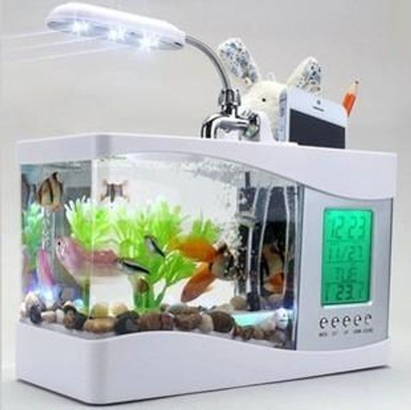 Tanques Home Aquarium Pequeno Tanque de Peixes USB LCD Lâmpada de mesa Luz LED Relógio Branco