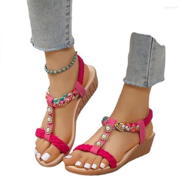 Tamanho Impresso Sandálias de tecido grande para mulheres verão Bohemian Outwear Wedge Heel Mid Beach