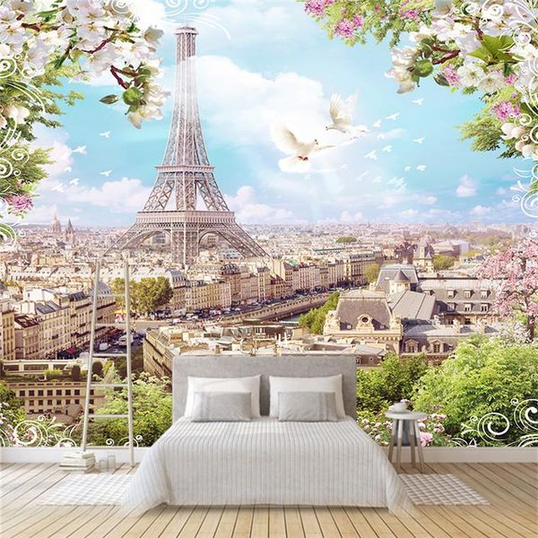 Tapeten benutzerdefinierte jeder Größe 3D Wandbild Moderne Mode Eiffelturm Blumen Taube Perspektive Aufkleber