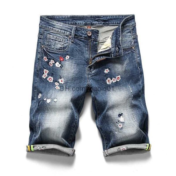 Pantaloncini da uomo Mens Ricamo Applique Fiore Jeans corti Abbigliamento di marca Bermuda Pantaloncini estivi in cotone 98% Pantaloncini di jeans maschili retrò traspiranti T230502