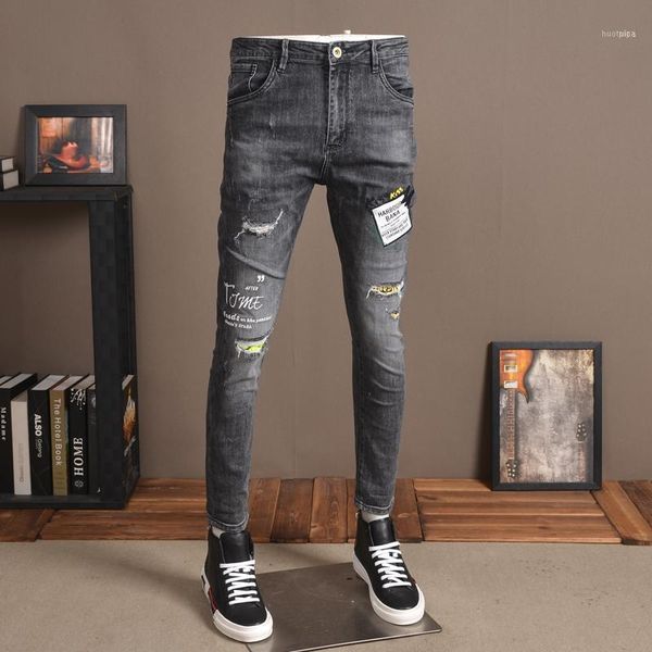 Jeans masculinos 2023 Rapped Patch Men Hip Hop Gray Black for Fashion Letter Bordery Stretch Slim Fit Hole Denim Pants1