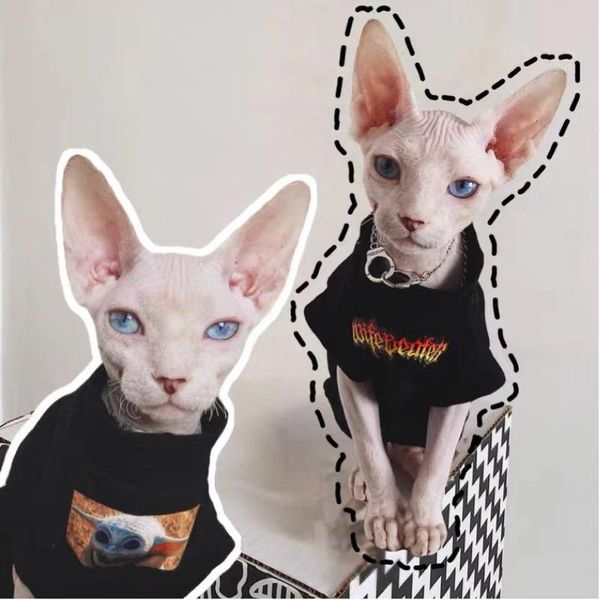 Одежда для безволосых кошек, одежда для сфинкса, немецкая эластичная хлопковая футболка с карликовыми ногами, весенняя футболка в стиле ретро в стиле панк с изображением темного пришельца