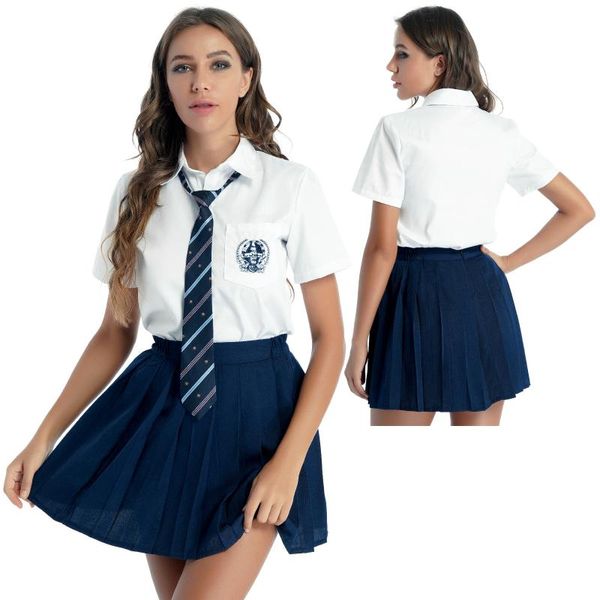 Roupas conjuntos de roupas meninas uniformes escolares Estudante Cosplay Costume Bordges Batches Camisa com saia plissada Listrada de calcinha