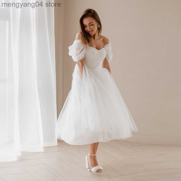 Vestidos de festa vestido de noiva curto para a noiva civil l comprimento de chá de chá de noiva fora ombro simples uma linha corset personalizado t230502