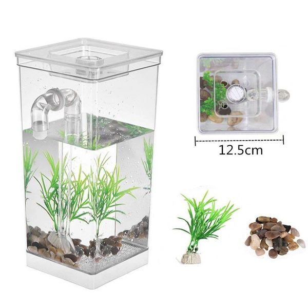 Serbatoi in plastica autopulente Mini acquario Ciotola Incubatore Desktop Decorativo Acquario Betta Ciotola per pesci Scatola per ufficio Decorazioni per la casa