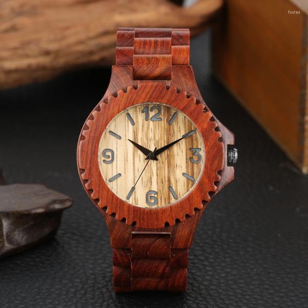 Orologi da polso Steampunk Red Sandalwood Orologi sportivi da uomo Display con numeri arabi Tiempiece Orologio analogico al quarzo Bracciale in bambù pieno Design regalo