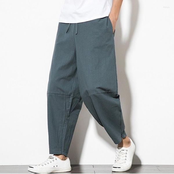 Pantaloni da uomo Pantaloni da uomo in lino di lino con fascia alla caviglia Pantaloni casual da uomo Harem traspiranti sciolti