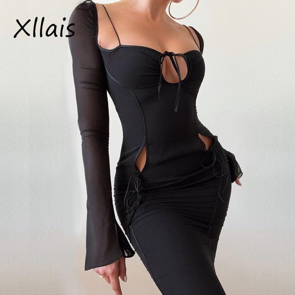 Vestidos XLLAIS Sexy Cut Out Bandage Robe Elegante Malha Transparente Manga Comprida Midi Vestido Quente Nigh Backless Prom Vestidos