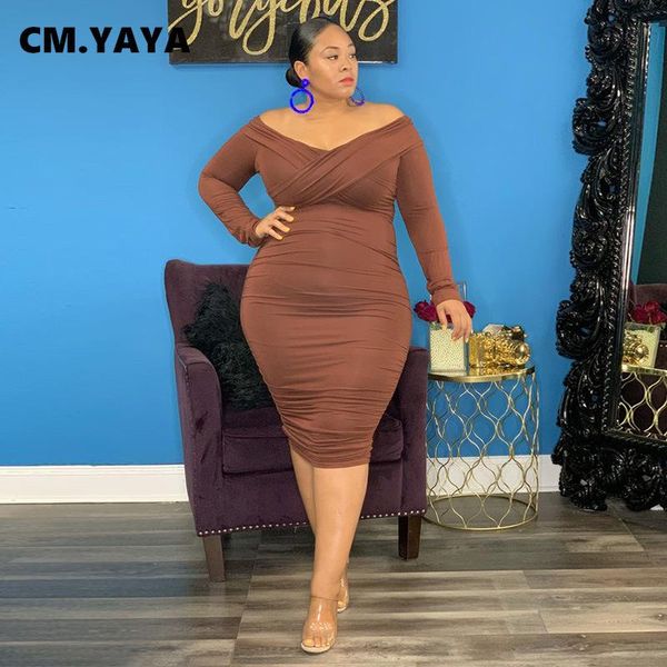 Vestidos cm. yaya plus size feminino manga longa plunigng vneck ruched bodycon midi vestido outono inverno sexy clube elástico lápis vestidos