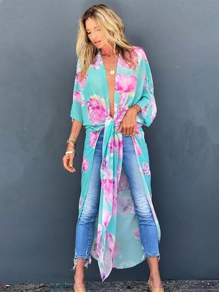 Kleider Bohemian Print Tunika Long Kimono Plus Size Sexy Beach Wear 2022 Sommerkleidung für Frauen Tops und Blusen Hemden A1013