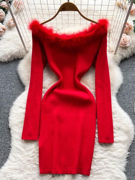 Casual Kleider YuooMuoo Mode Weihnachten Rot Pelz Off Schulter Party Kleid Frauen Langarm Dünne Elastische Gestrickte Pullover Vestidos