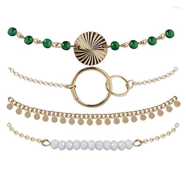 Braccialetti con ciondoli Semplice nappa con paillettes Bracciale con trama a onda d'acqua Lega fatta a mano con perline bianche e verdi geometriche 4 pezzi