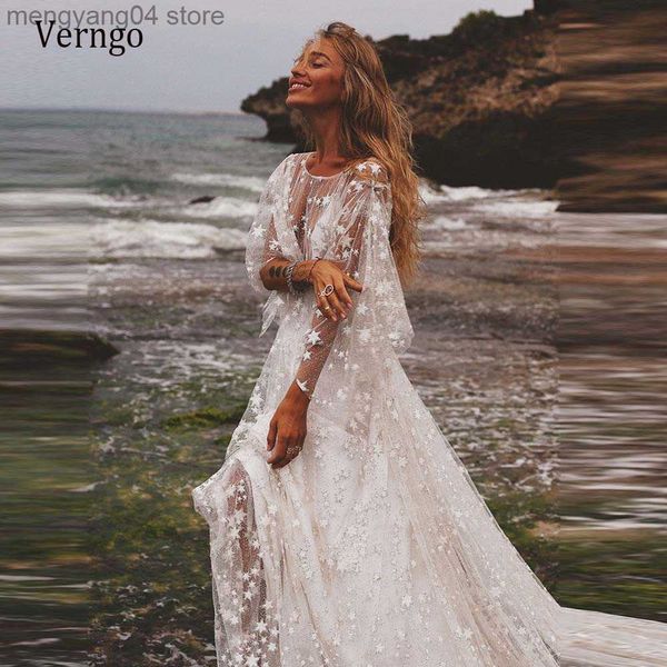 Partykleider Verngo Sparkles Counting Stars Beach Wedding Dress Boho Lace Shine Beads Long Sleeves Modern Bohemian Brautkleider Glisten 2022 T230502