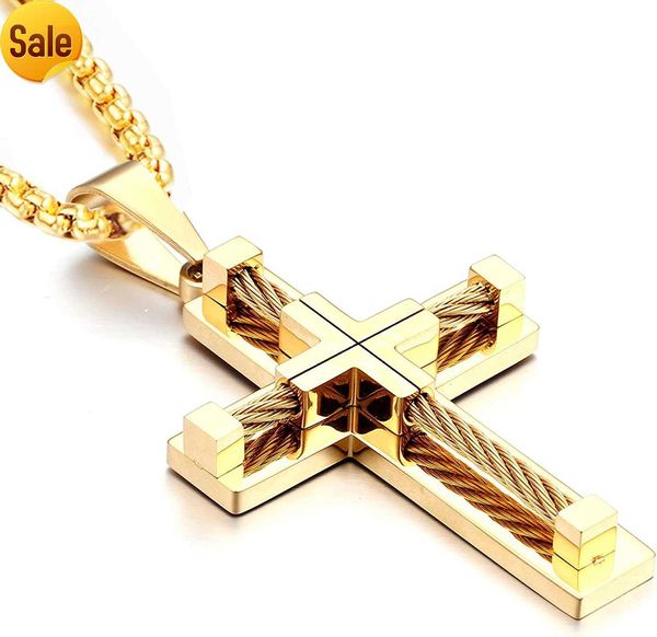 YL Herren-Kreuz-Halskette, 18 Karat vergoldet, S925-Silber, großer Jesus-Christus-Anhänger, Weiß/Gold/Schwarz, Schmuck, Rollo-Kette, geeignet für 20 cm, 55,9 cm, 66 cm, 71,1 cm Kettenhalskette