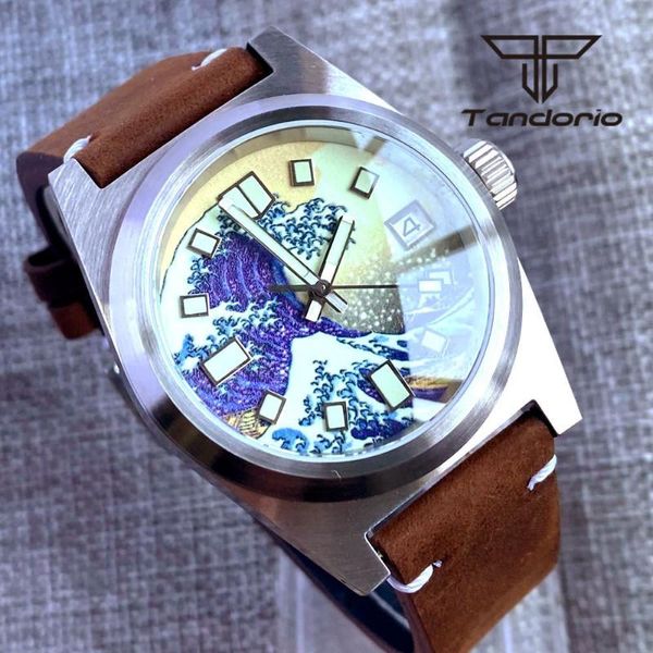 Orologi da polso Tandorio 38mm 24 rubini NH35A Orologio da uomo automatico Quadrante luminoso Kagawana Vetro zaffiro 20Bar Cassa spazzolata Cinturino in pelle/caucciù