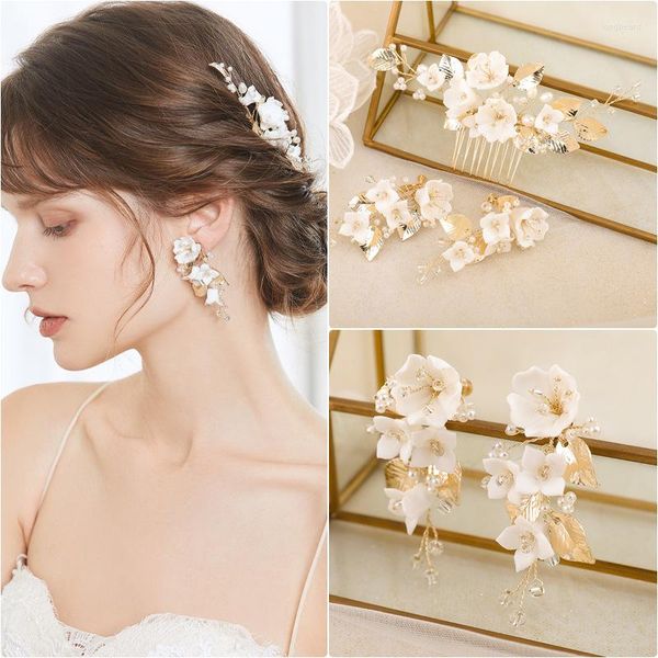 Fermagli per capelli Pettine per fiori in ceramica color oro chiaro con perline di miglio Set di orecchini da sposa fatti a mano con foglie in lega