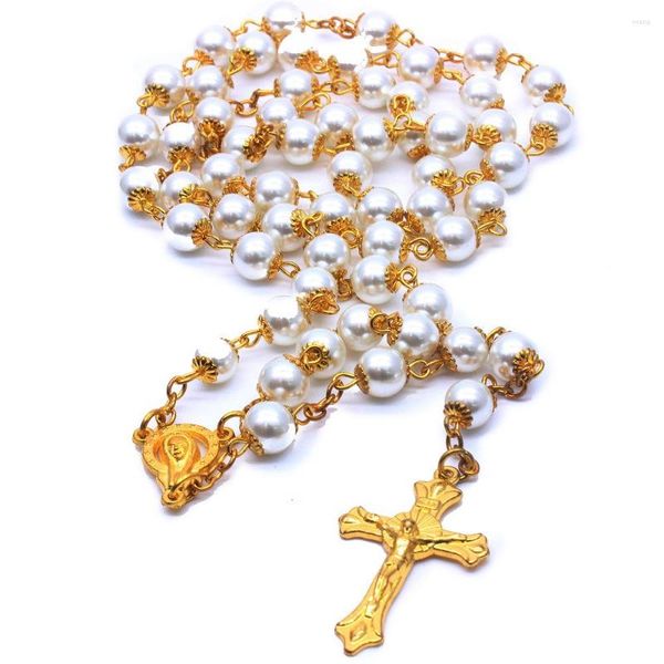 Collane a ciondolo Qigo da 8 mm Collana di rosario perla con tazza per matrimoni a croce lunga gioielli cattolici