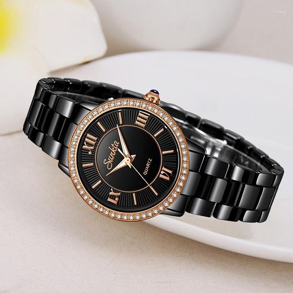 Orologi da polso SUNKTA Top Diamond Women Watch Orologi impermeabili semplici Oro rosa Orologio al quarzo in ceramica nera Zegarek Damski