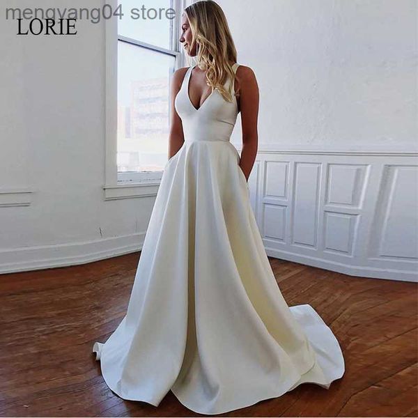 Abiti da festa Abito da sposa semplice Abito da sposa sexy aperto sul retro con fiocco ricoperto di bottoni Elegante abito da sposa da principessa da spiaggia Custom Made Plus Size T230502