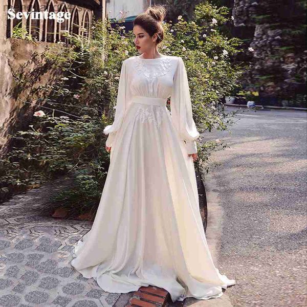 Abiti da festa Semplici Abiti da sposa in raso morbido a-line Boho Applicazioni di pizzo Maniche lunghe a sbuffo Abito da sposa Abiti da festa di nozze vintage 2021 T230502