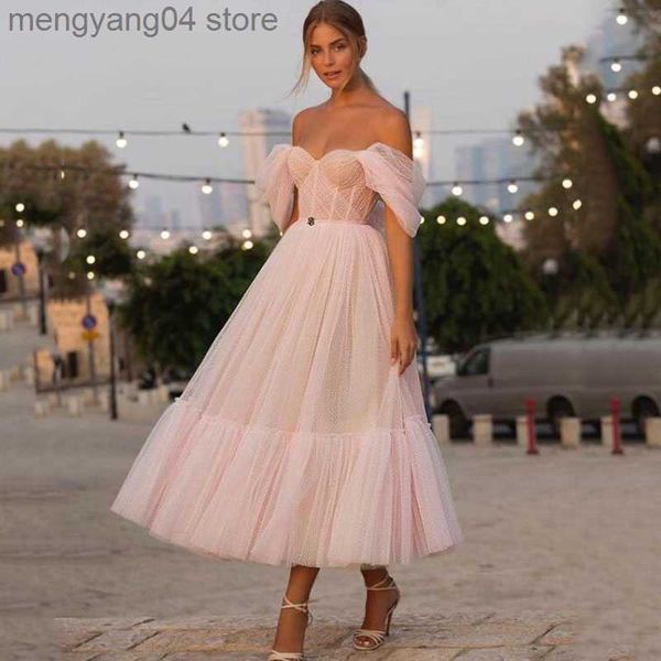 Abiti da festa Blush Pink Off the Shoulder Dot Tulle Abito da sposa corto Una linea Sweetheart Elegante tè Lunghezza Abito da sposa Abiti da festa T230502