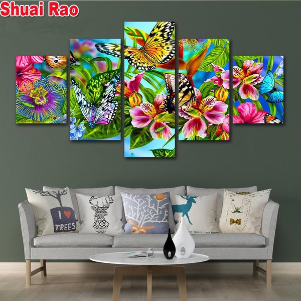 Stichschmetterlinge Blumen Blumen Diamant Stickerei Multipanel Malerei Vollrunde Bohrer 3D -Kreuzstich Mosaik Diamant Malerei 5 Stück Se