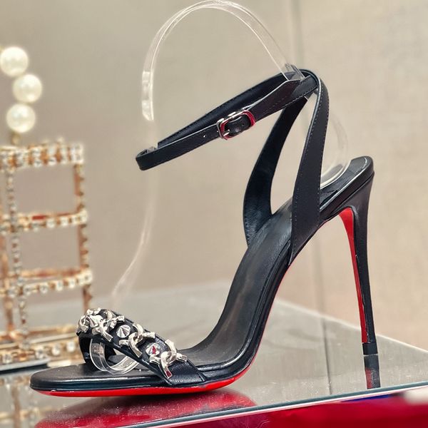 Water Diamond Metal Premium Vera Pelle Tacchi alti Scarpe da donna Designer di lusso Nero Rosso Cinturino posteriore Scarpe da festa di nozze sexy Sandali estivi Taglie 35-43 + scatola