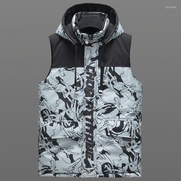 Gilet da uomo Autunno Inverno Uomo Giacca senza maniche con cappuccio 2023 Casual Gilet imbottito in cotone Moda uomo Warm Camouflage Parka