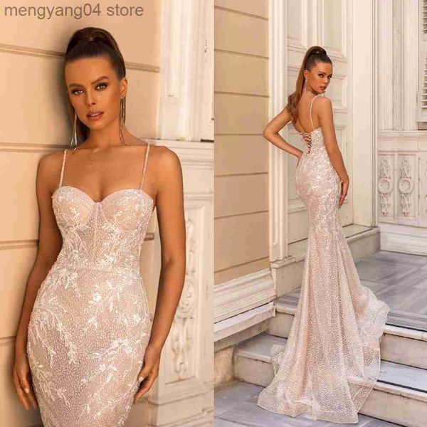 Partykleider TRAUM Glitzer Spaghettiträger Meerjungfrau Brautkleid 2022 Spitzenapplikationen Sexy Schatz Brautkleider Sparkly Robe De Marie T230502