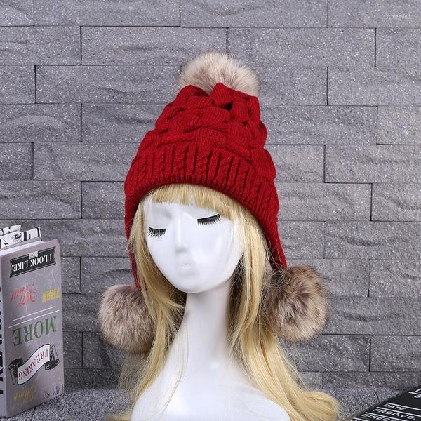 Berretti Beanie/Skull Caps Inverno Protezione per le orecchie all'aperto Cappelli lavorati a maglia per donna Donna Pelliccia calda Pompon Ball Hat Cap Bonnet con patta Sc