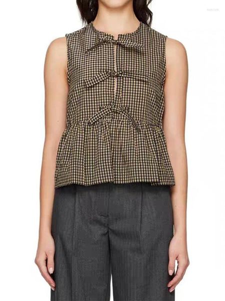 Damen Blusen Damen Fliege Hemd Plaid Ärmellos Aushöhlen Ausschnitt Vintage Sommer 2023 Damen Bluse