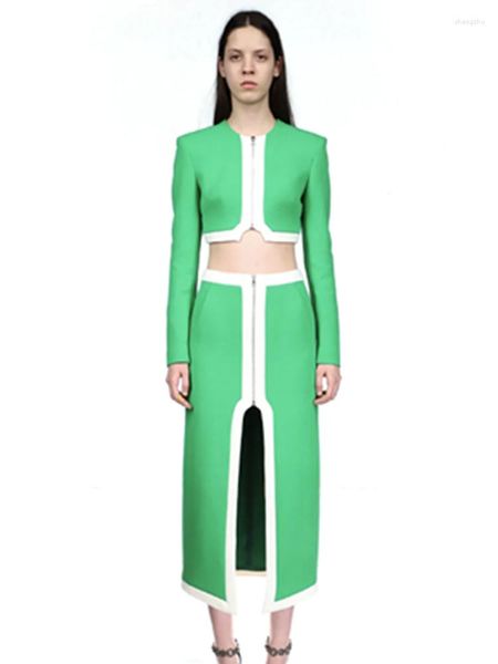 Werkjurken Dames Winter Sexy Lange mouw Groen Patchwork Midi Tweedelige rok Bandageset 2023 Beroemdheid Avondfeest Dames