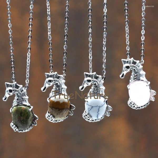Colares pendentes cura de pedra oval de cavalo -marinho colar cadeias prateadas de prata Unakites/ rose quartzo em 18 polegadas NM7847