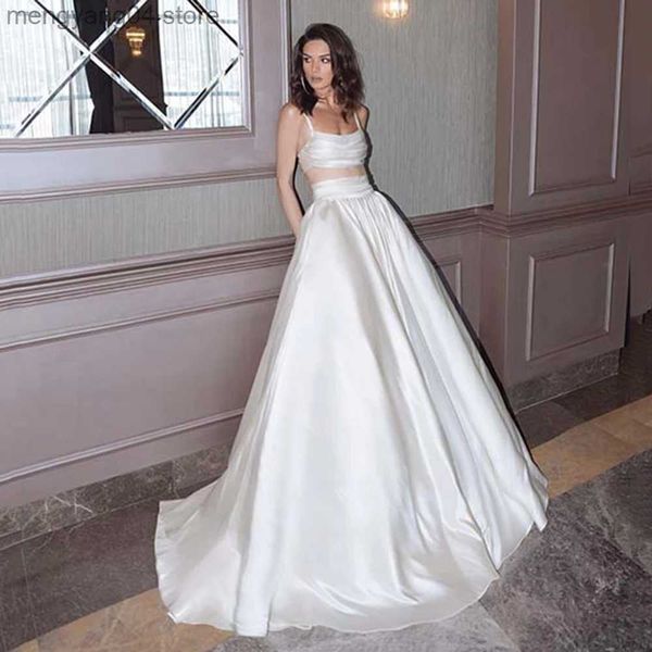 Partykleider Fivsole Zweiteiler Strand Satin Zug Brautkleider 2022 Spaghettiträger Brautkleid mit Taschen Vestidos Elegantes Para Mujer T230502