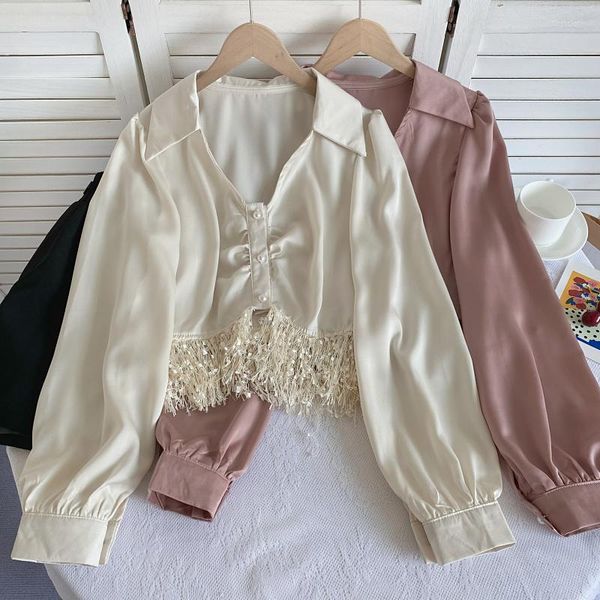 Женские блузки Korejepo Французские рубашки знаменитостей v Sece Satin Pearl Brreed Breed Laring Short Top Top Women Spring 2023 Элегантный темперамент элегантный темперамент