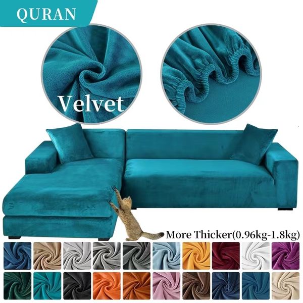 Chaves de cadeira Sofá de veludo elástico Turquoise Blue Corner Chaise Lounge Anti Cat Scratch for Living Room 230428