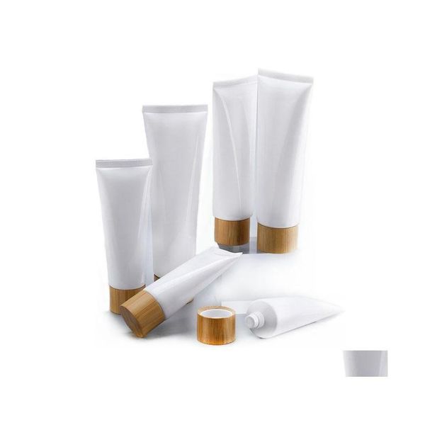 Garrafas de embalagem Tubos de espreói de plástico branco vazios garrafa de garrafa de creme cosmético recipiente recipiente de gado lábio com tampa de bambu dr dh2cf